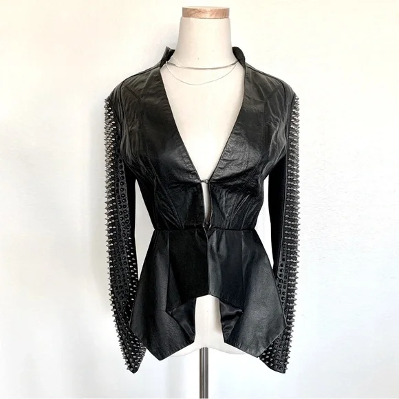 🌟 BEBE Black Genuine Leather Spiked Sleeves Peplum Moto Biker Jacket - Picture 5 of 16